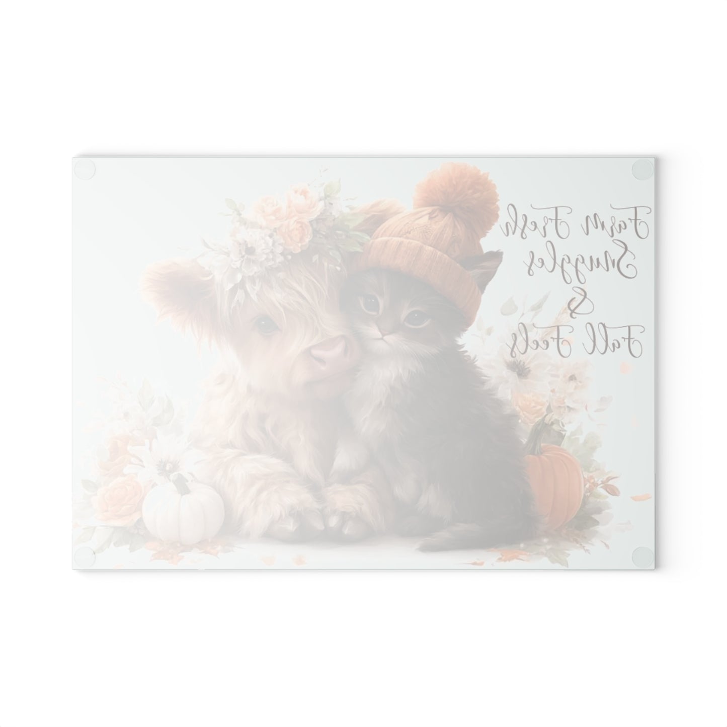 🍂🐱🐮 “Farm Fresh Snuggles & Fall Feels” Glass Cutting Board – Cozy Autumn Charm for Your Kitchen