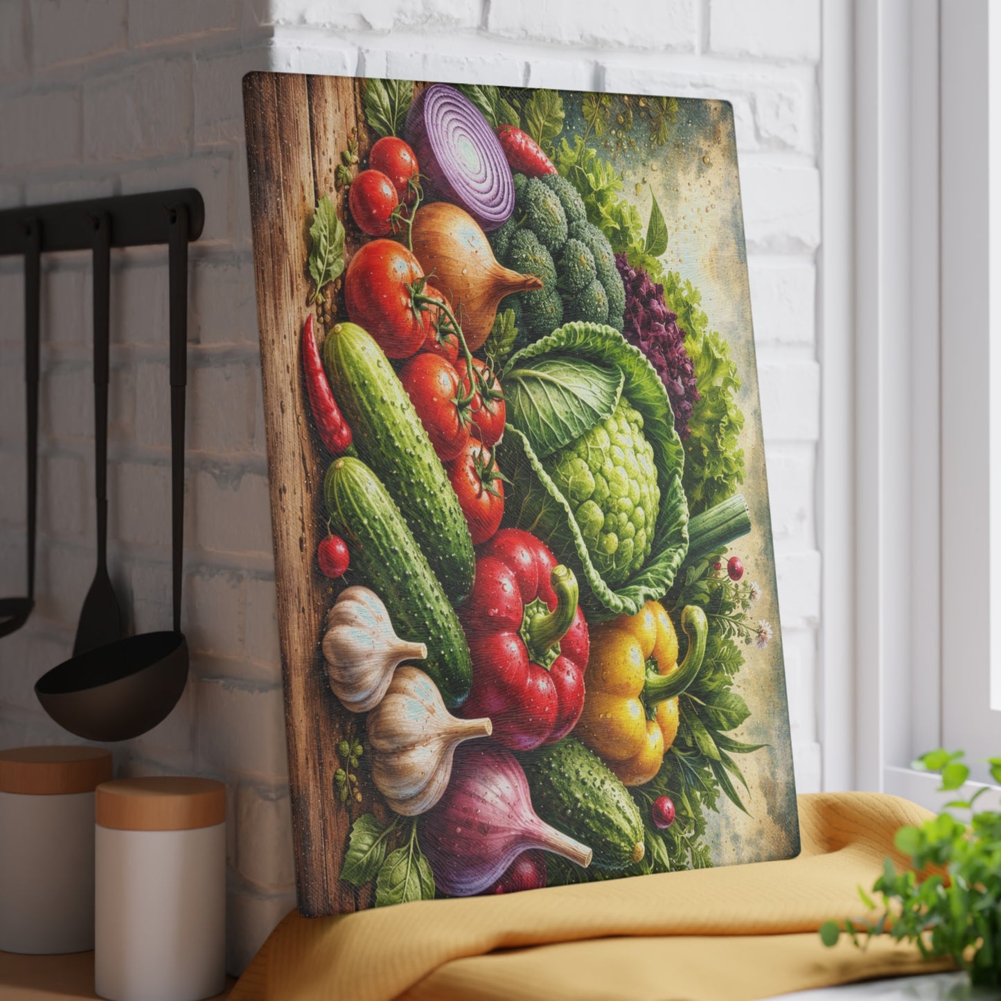 Garden Harvest Glass Cutting Board – Fresh Farm Market Inspired Kitchen Art