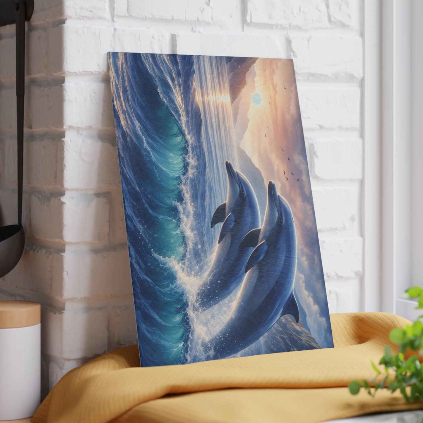 Dolphin Sunset Glass Cutting Board – Ocean-Inspired Artwork with Joyful Dolphins