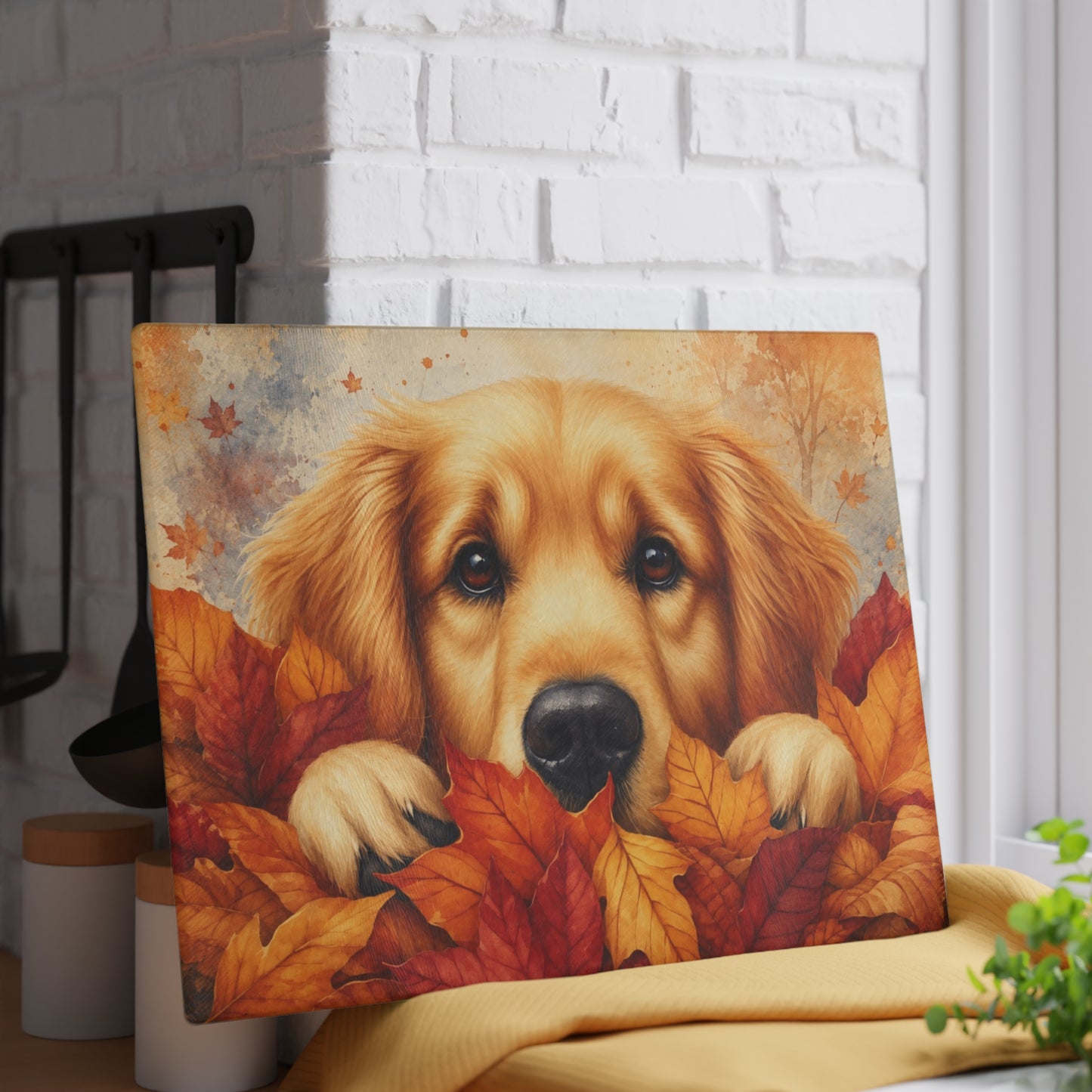 Golden Retriever Autumn Leaves Glass Cutting Board – Cozy Fall Dog Kitchen Décor