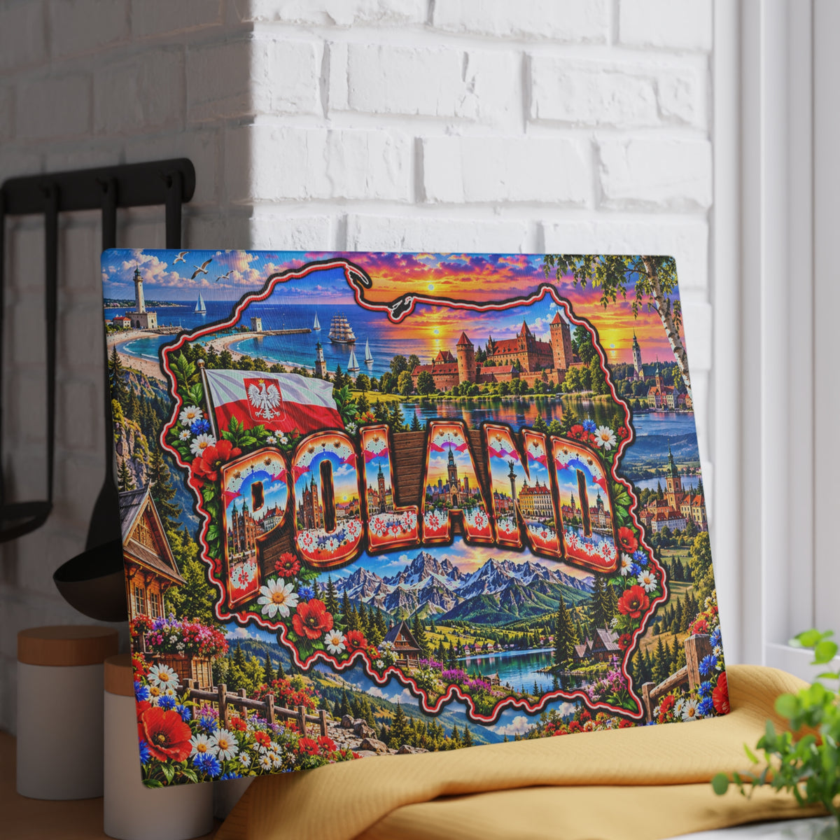Poland Map Cutting Board – Colorful Polish Landmarks, Tatra Mountains, Medieval Castles, Baltic Coast & Patriotic Kitchen Décor