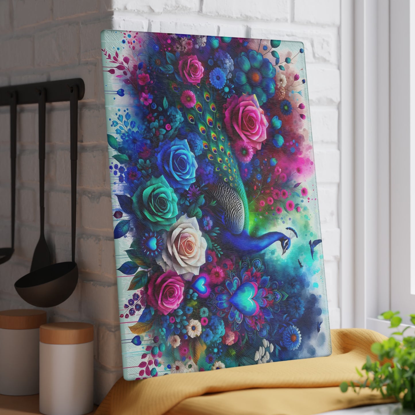 🦚🌹 Peacock Rainbow Floral Cutting Board – Vibrant Elegance Meets Artistic Charm 💙🌸