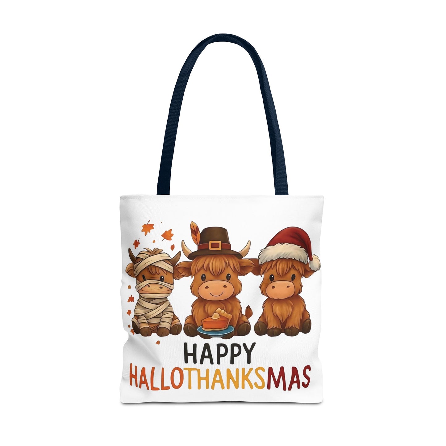 🐮 Happy Hallothanksmas Highland Cow Tote Bag – Holiday Fun All Season 🎃🦃🎄👜