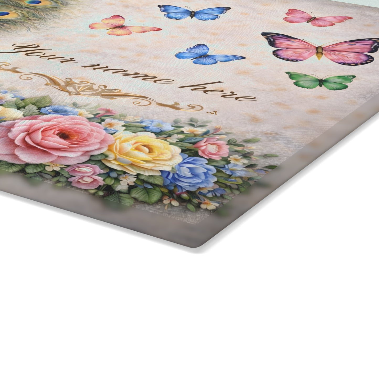Personalized Peacock Glass Cutting Board – Elegant Butterfly & Floral Kitchen Display