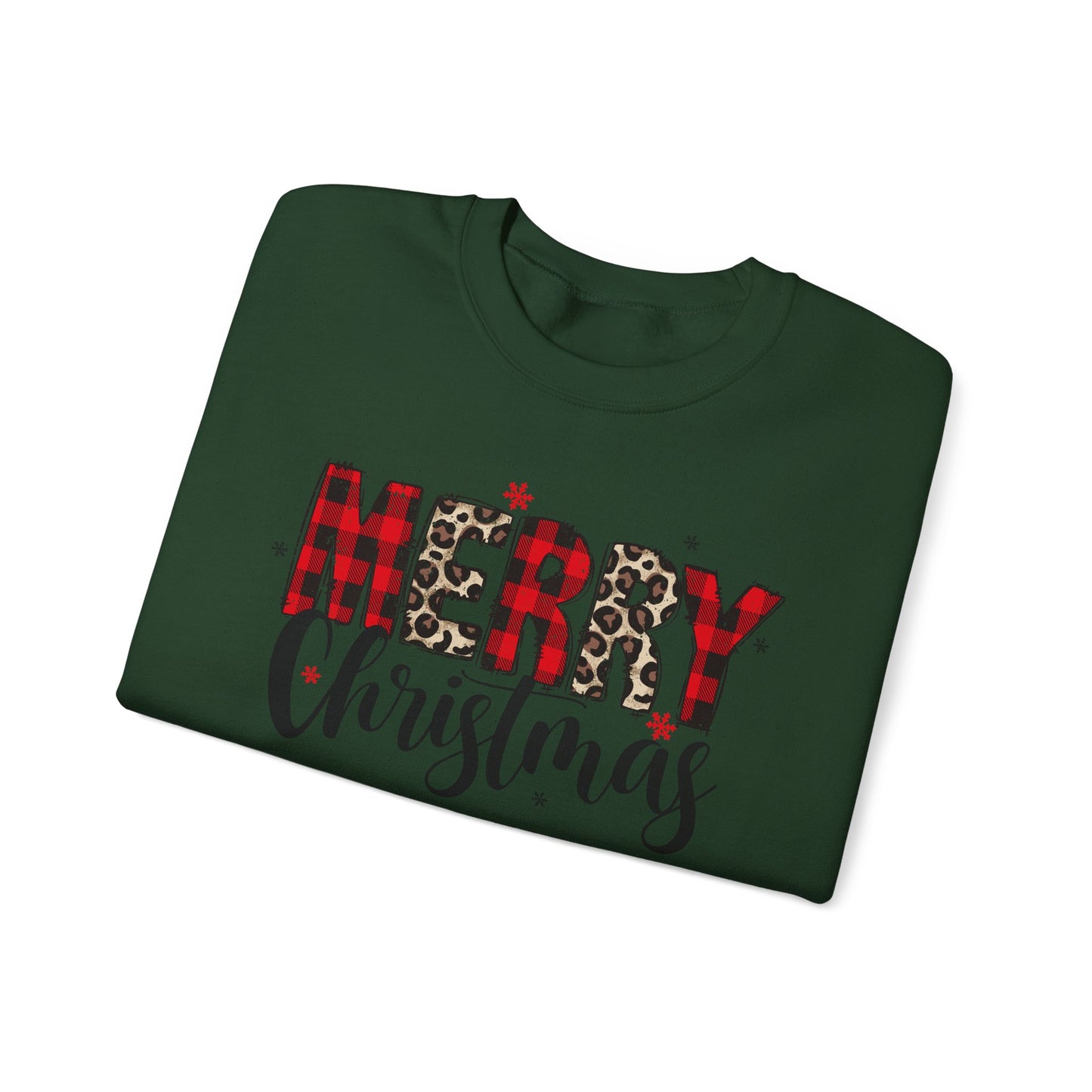 🎄🖤 Merry Christmas Buffalo Plaid & Leopard Crewneck – Cozy Unisex Holiday Pullover