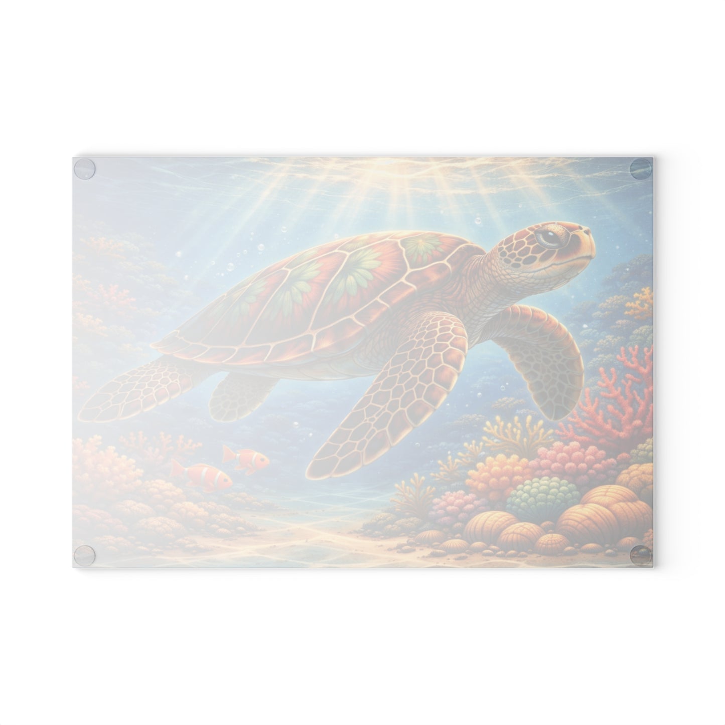 Colorful Sea Turtle Glass Cutting Board – Vibrant Underwater Ocean Reef Kitchen Art