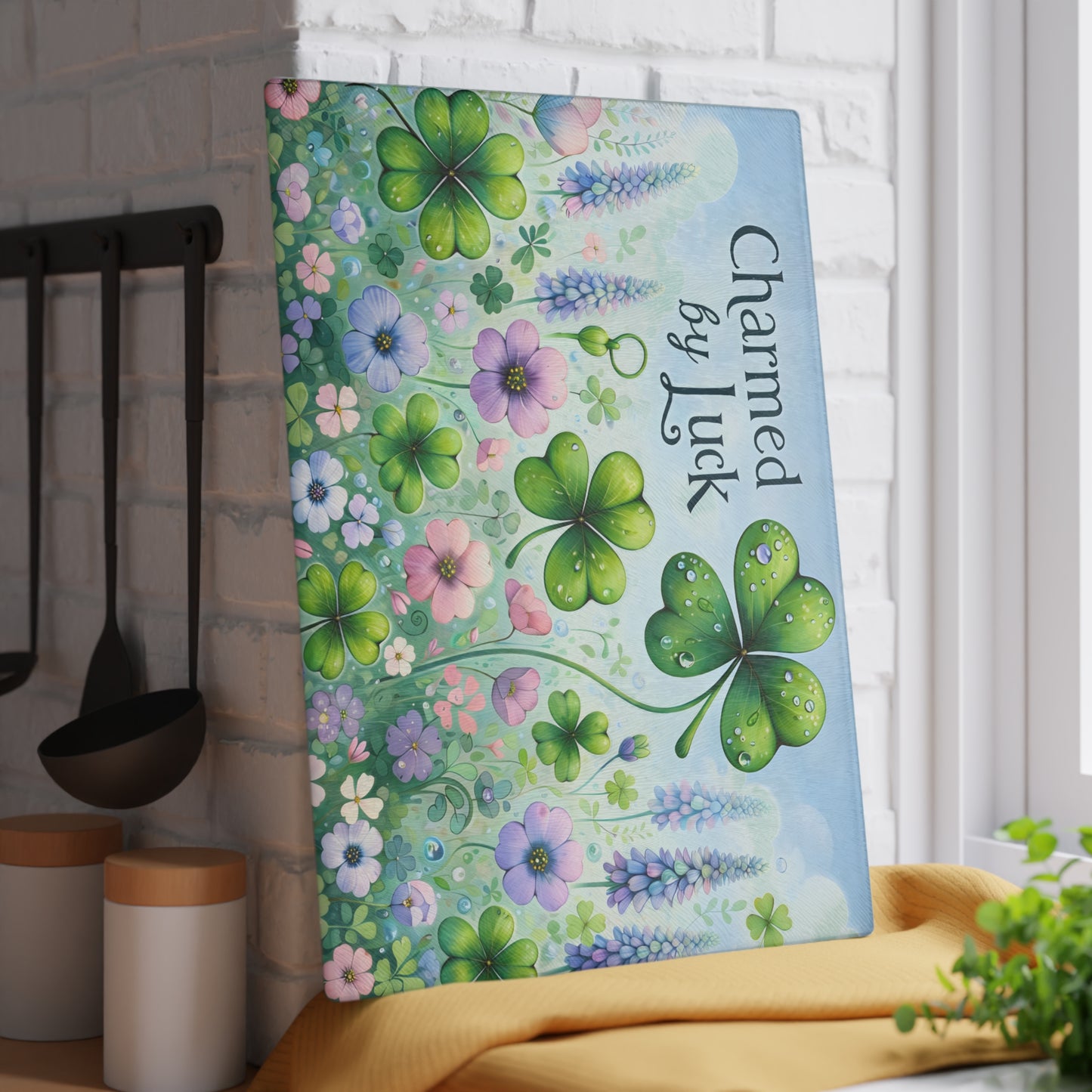 Charmed by Luck Floral Shamrock Glass Cutting Board – Whimsical St. Patrick’s Day Kitchen Art