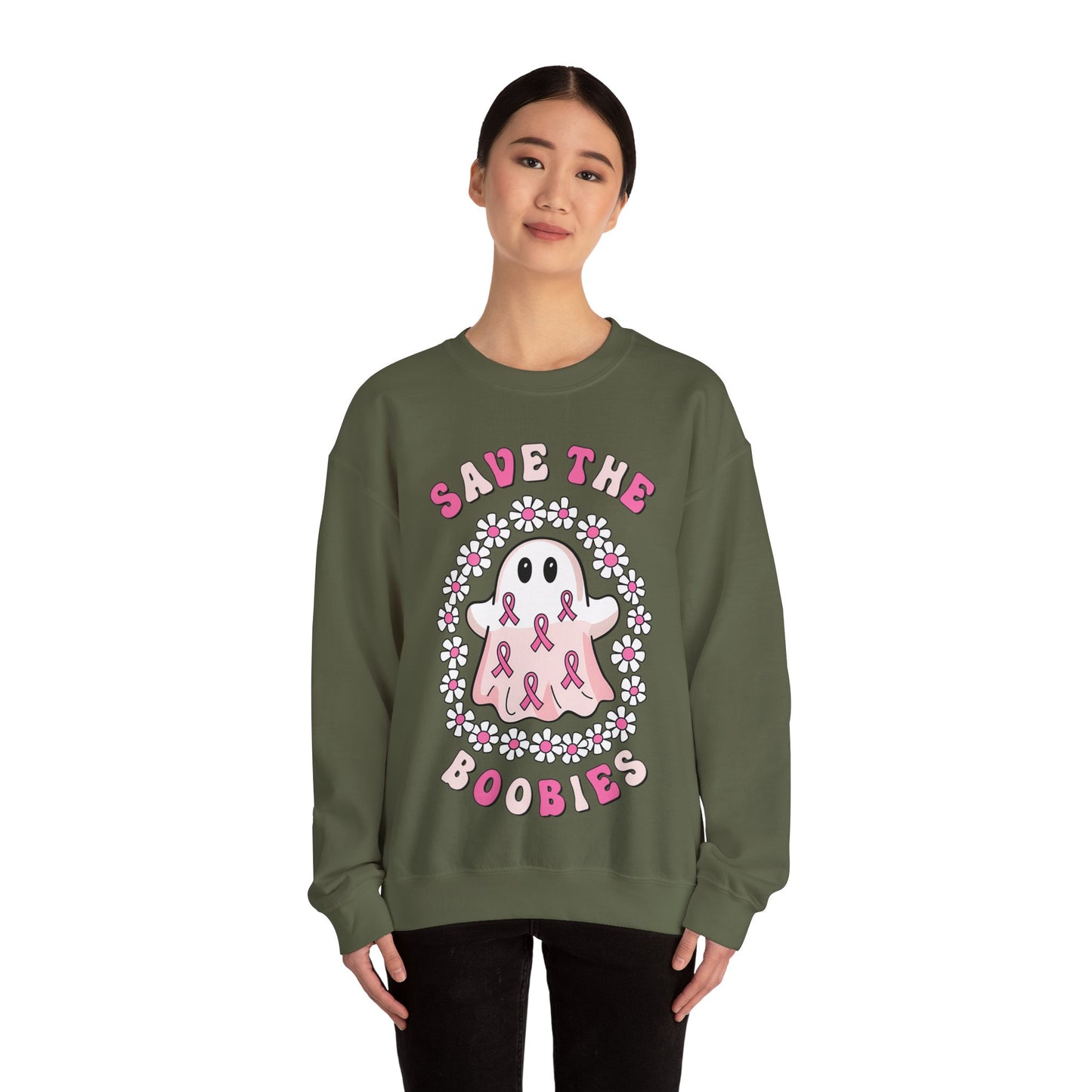 👻🎀 Save the Boobies Ghost Sweatshirt – Cute Breast Cancer Awareness Crewneck