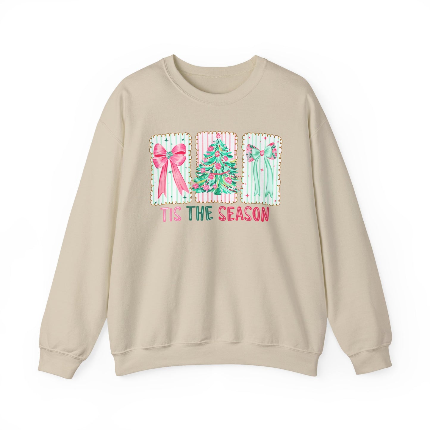 🎀🎄 ’Tis The Season Sweatshirt – Pastel Bows & Merry Tree Vibes ✨☃️