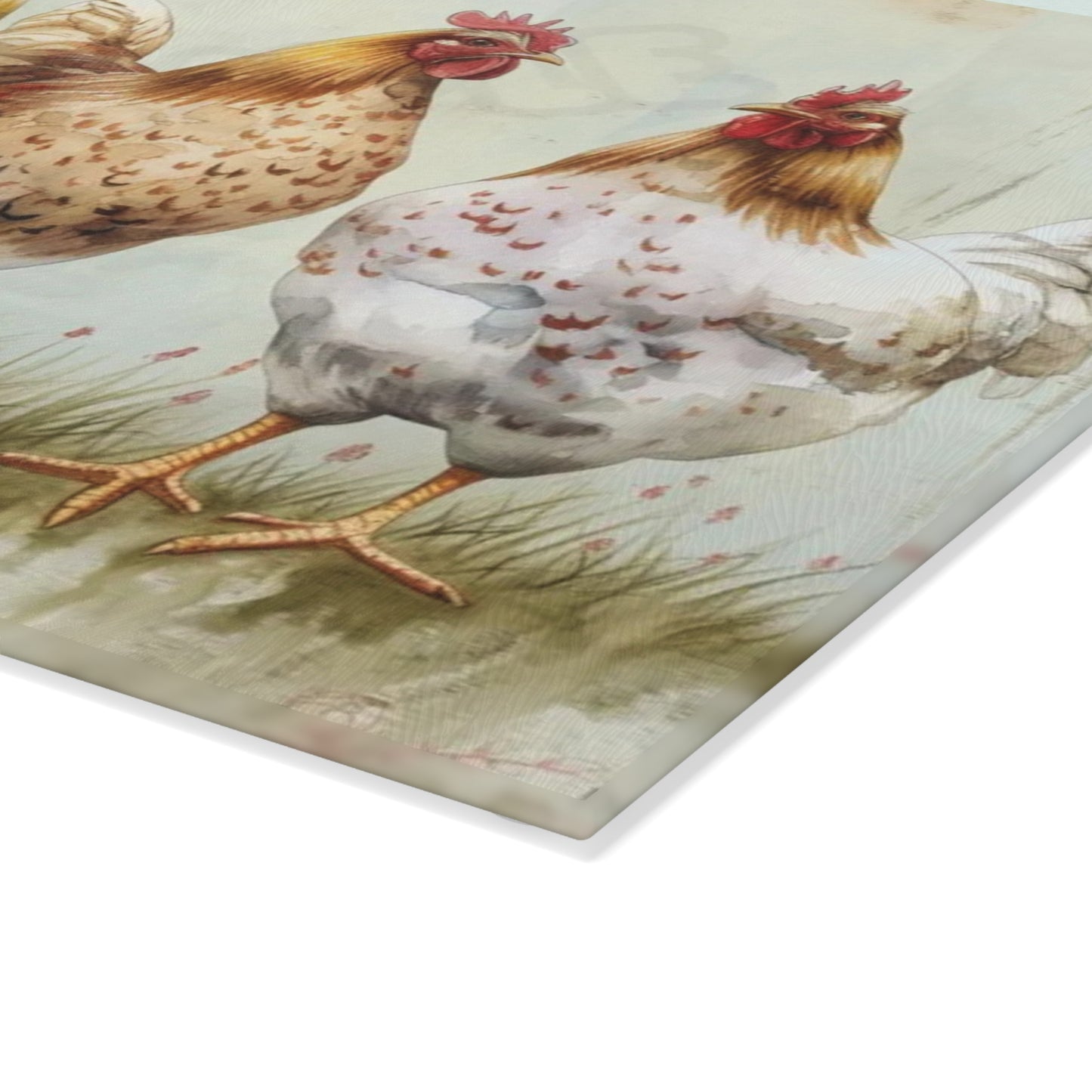 🐔🌿 “Country Hen Parade” Glass Cutting Board – Classic Farmhouse Charm