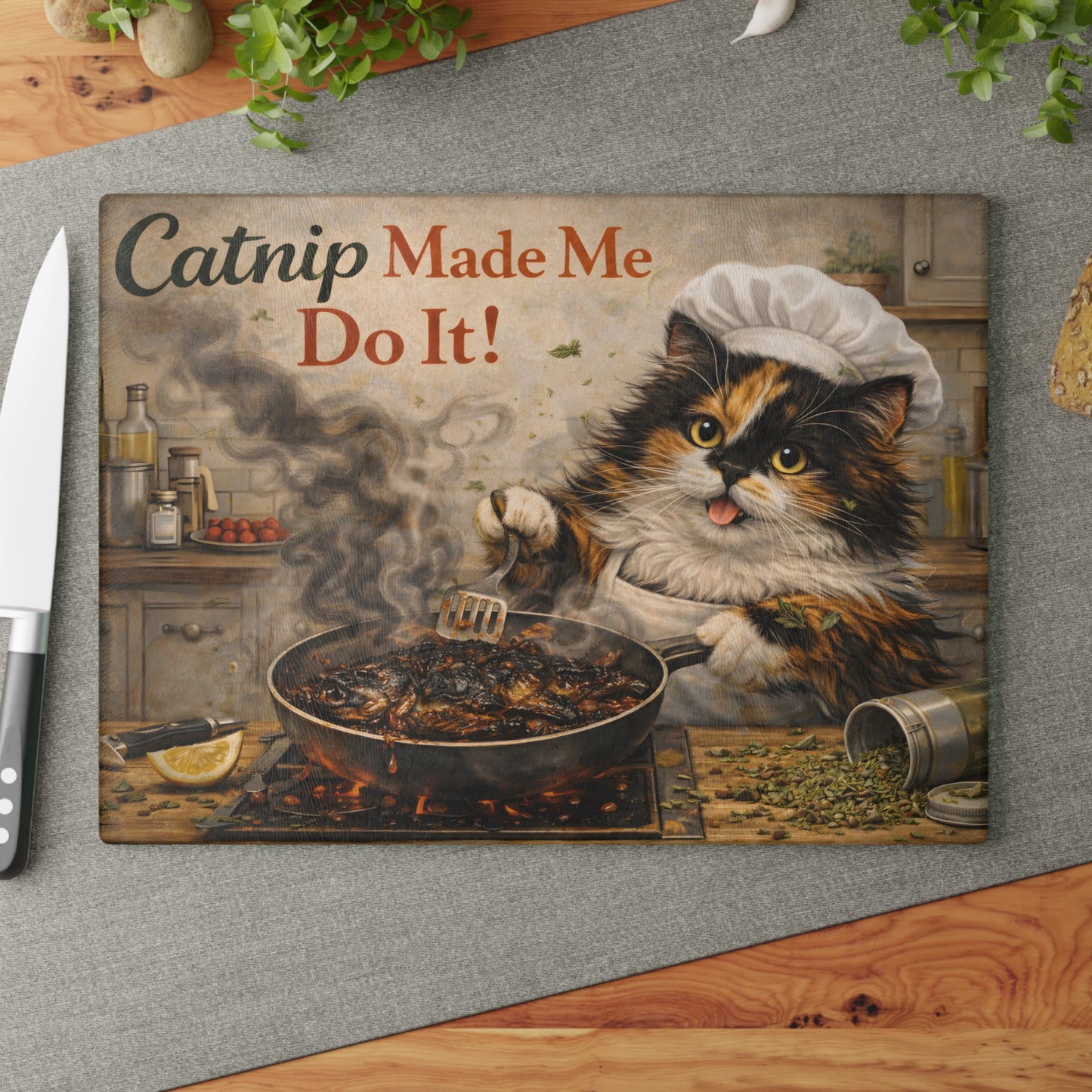 Catnip Made Me Do It Glass Cutting Board – Funny Cat Kitchen Art