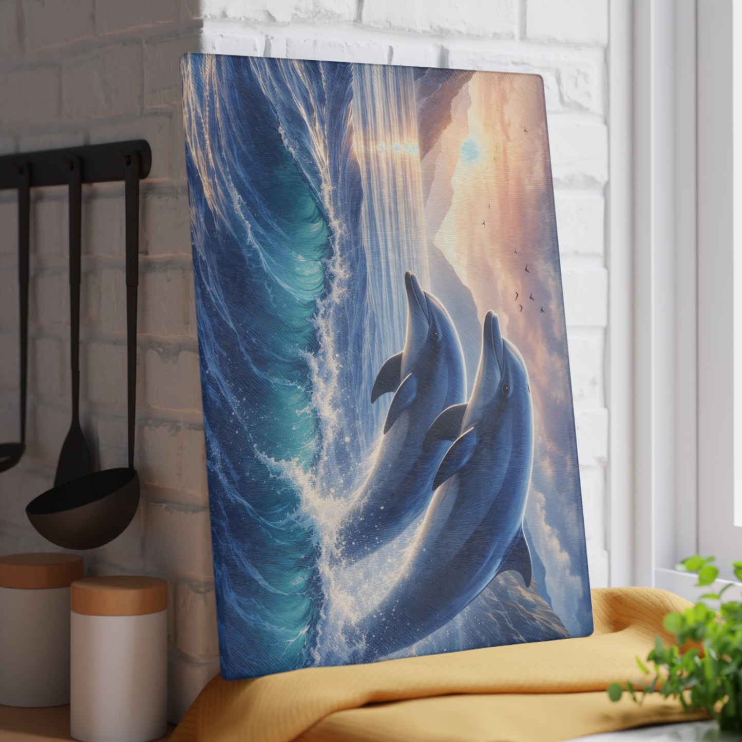 Dolphin Sunset Glass Cutting Board – Ocean-Inspired Artwork with Joyful Dolphins