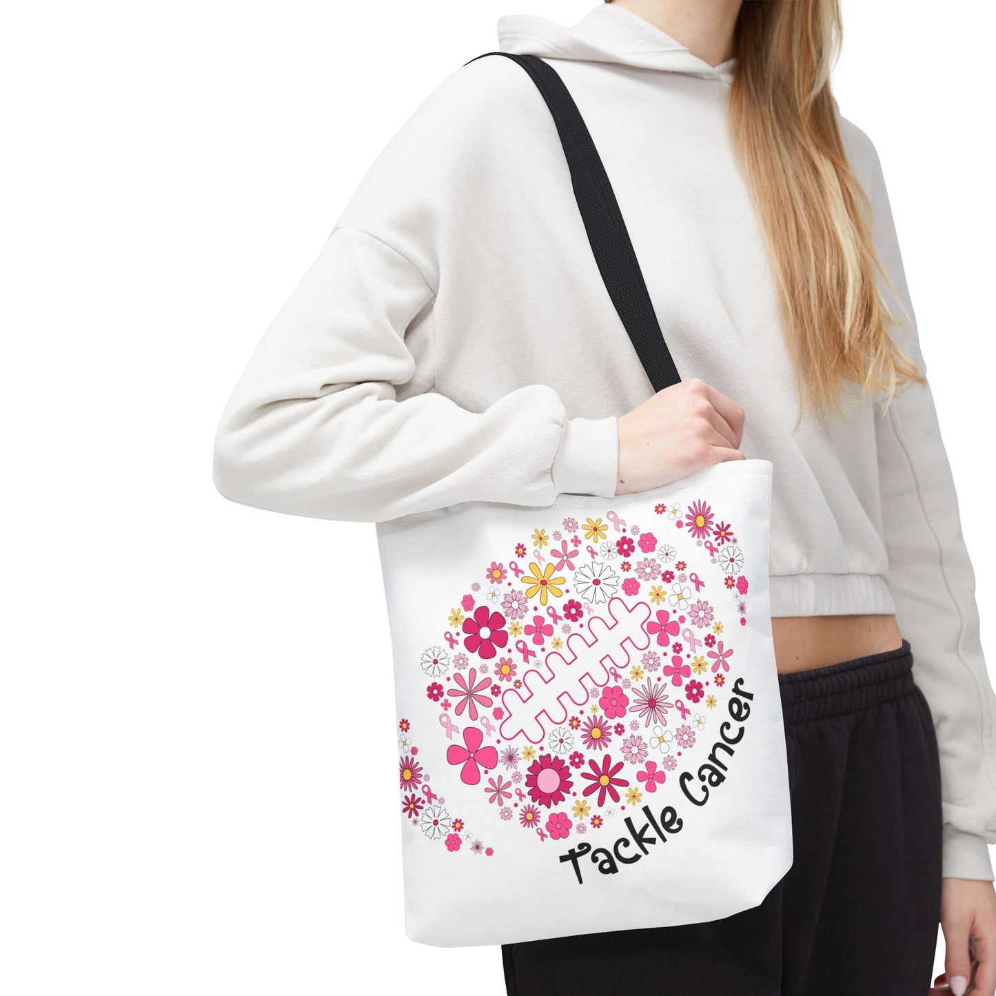 🌸 Pink Floral Football Tote Bag – Game Day Meets Breast Cancer Awareness 🎀👜
