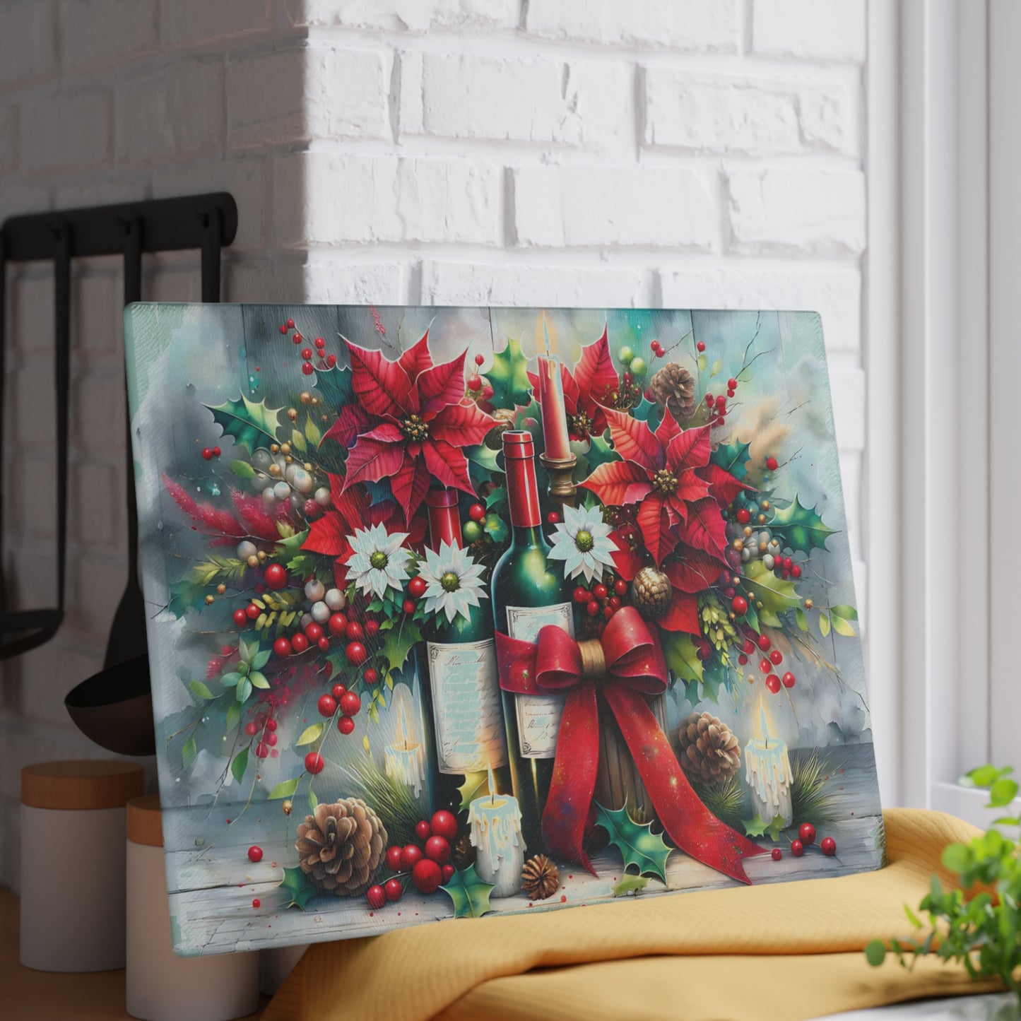 🎁🍷 “Poinsettias & Pinot” Glass Cutting Board – Festive Floral Wine Scene for Your Holiday Kitchen