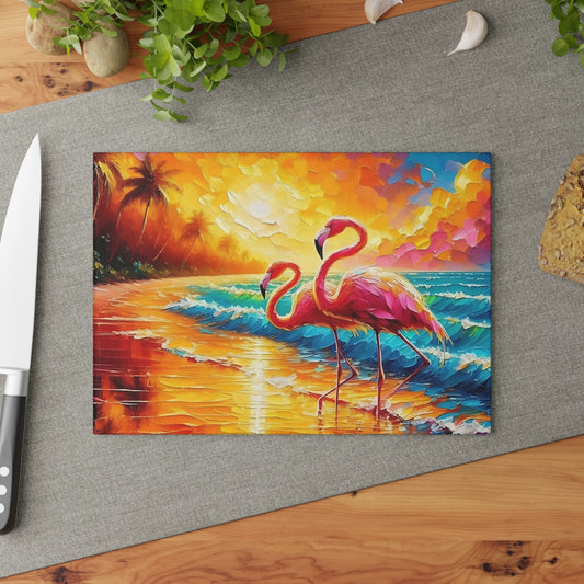 Tabla de cortar - Tabla de cortar de vidrio templado con diseño de flamenco rosa y atardecer en la playa, tabla de charcutería, tabla de cortar, regalo de inauguración de la casa, tabla de cortar personalizada, rústica