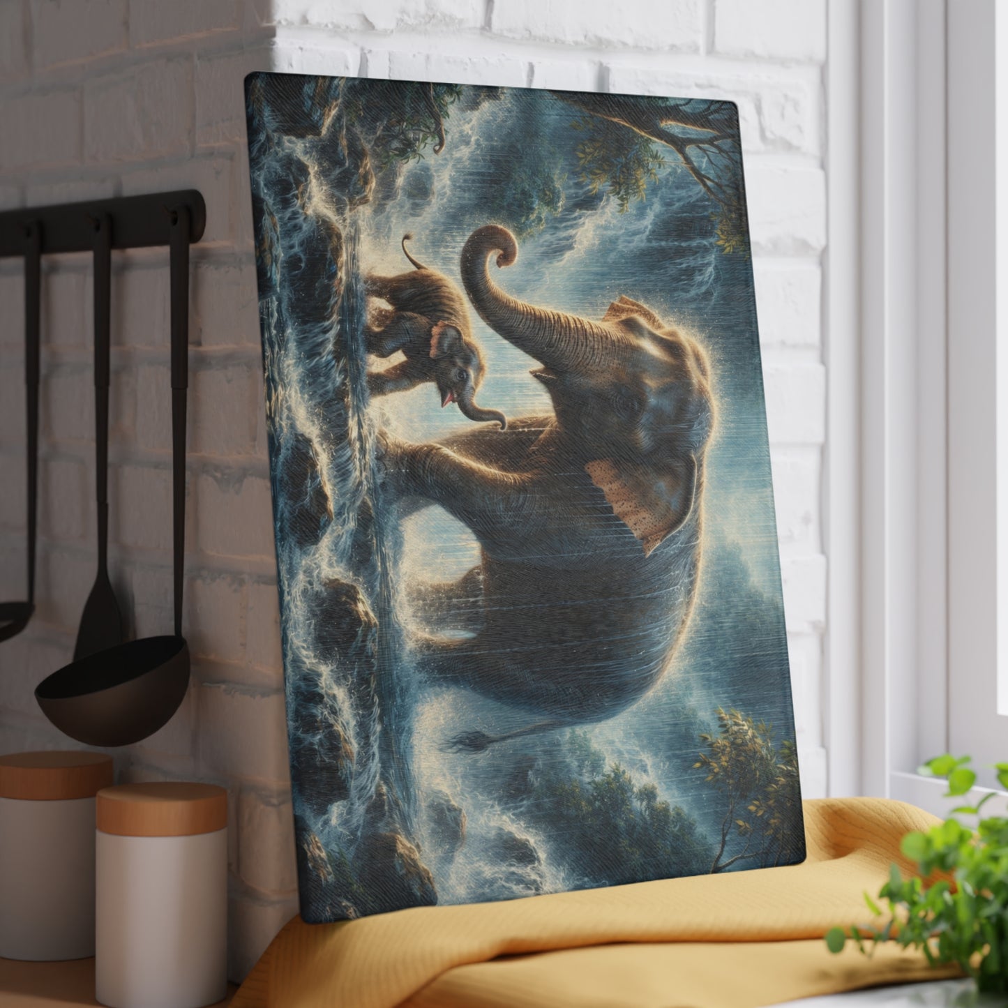 Elephant and Calf Rainforest Waterfall Glass Cutting Board – Dramatic Wildlife Kitchen Art