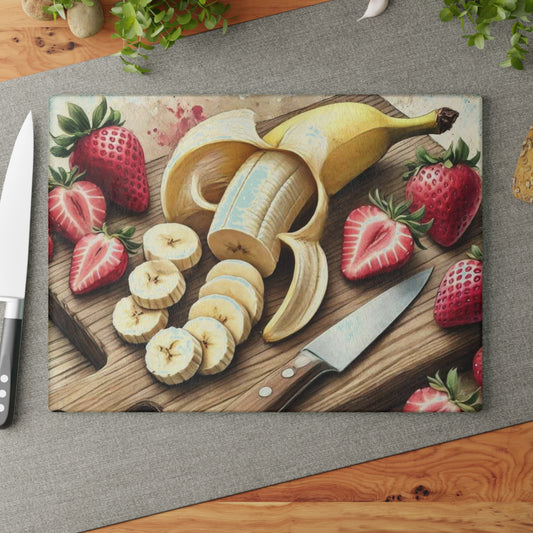 Tabla de cortar de vidrio templado para exhibición de frutas con una vibrante variedad de frutas frescas