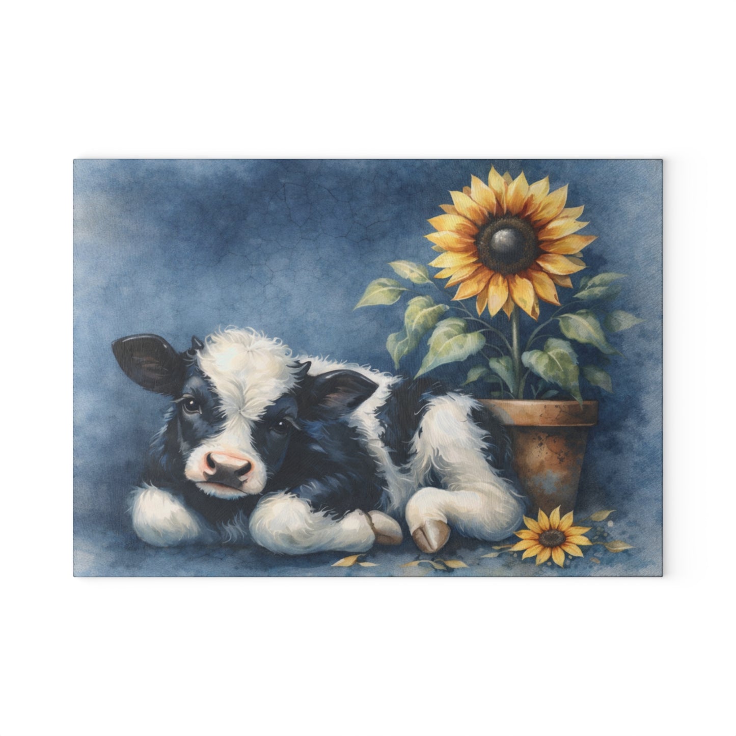 Sunflower & Baby Cow Glass Cutting Board – Rustic Farmhouse Kitchen Decor