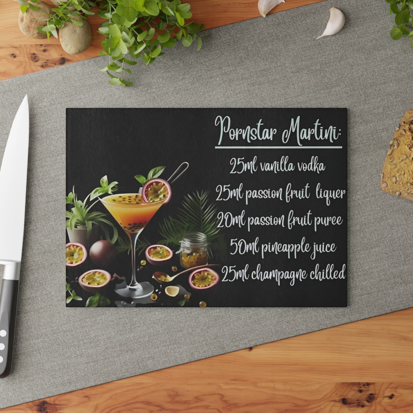 🍸 Pornstar Martini Recipe Cutting Board – Flirty, Fun, & Fabulous Kitchen Decor