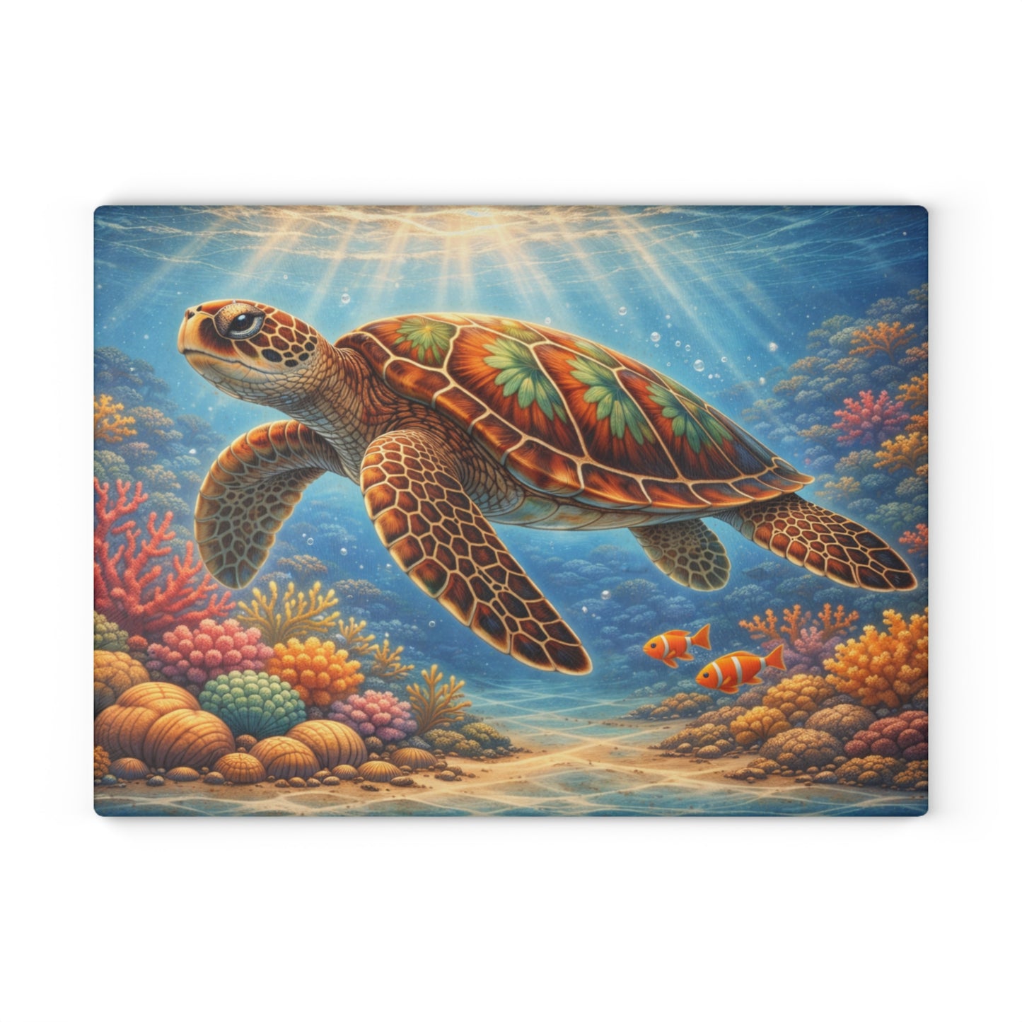 Colorful Sea Turtle Glass Cutting Board – Vibrant Underwater Ocean Reef Kitchen Art