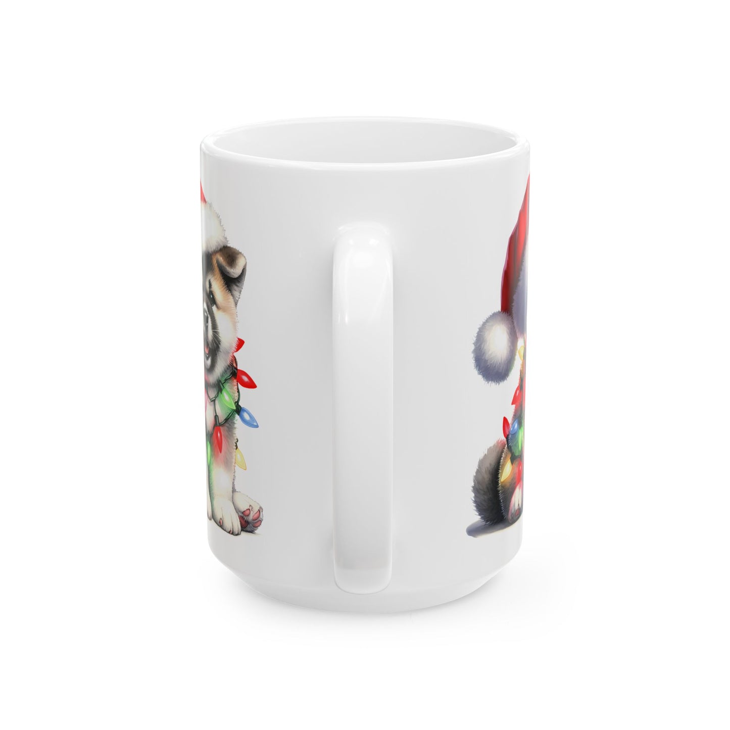 🎅 Akita Christmas Mug – Festive Puppy with Santa Hat & Holiday Lights 🎄