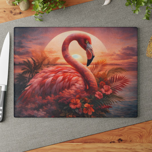 Flamingo Sunset Glass Cutting Board – Tropical Coastal Art Kitchen Display