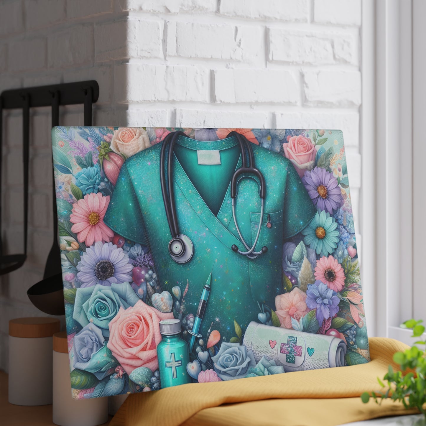 🩺 Nurse Scrubs & Florals Cutting Board – Heartfelt Medical Elegance for Your Kitchen 🌸