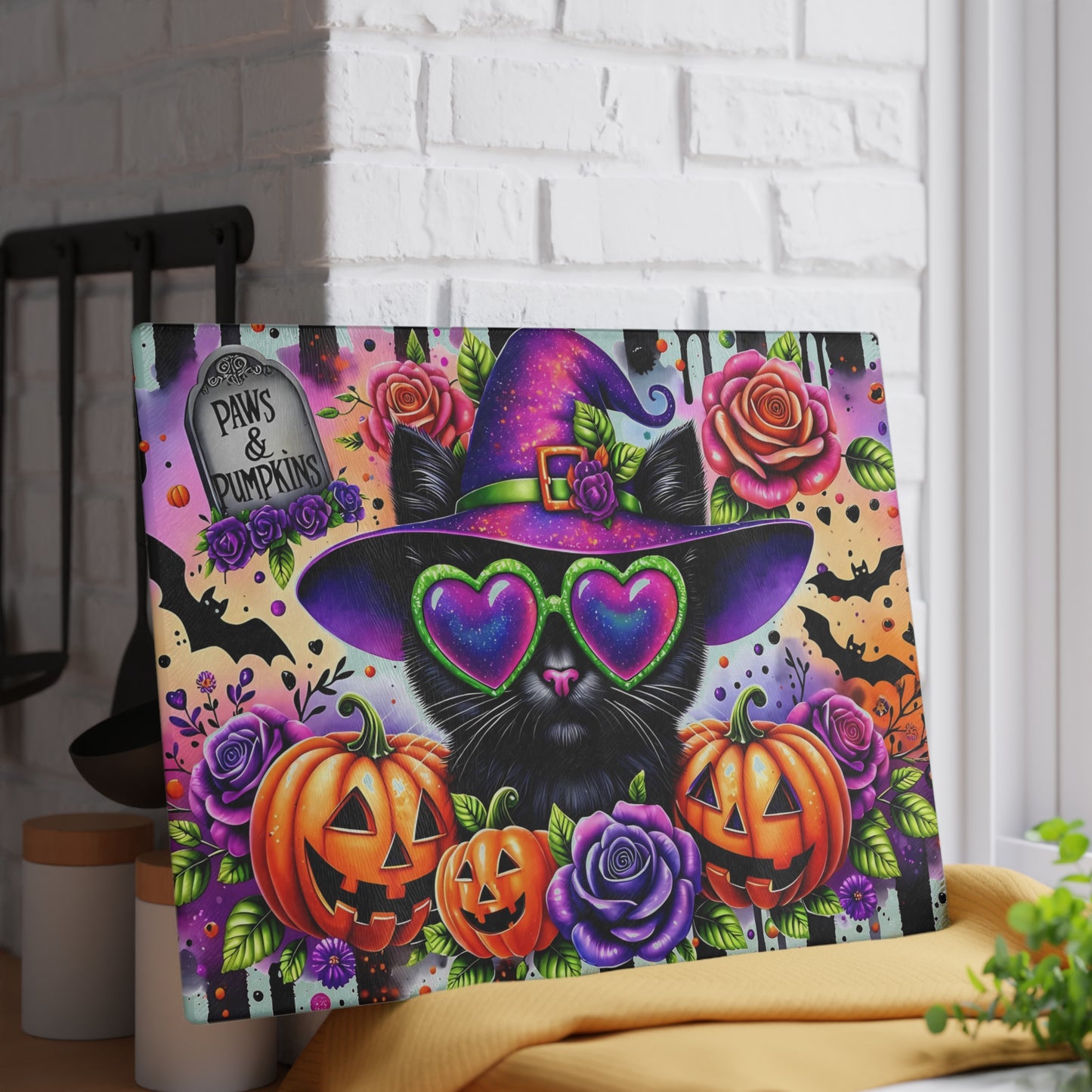 🐾🎃 Paws & Pumpkins Halloween Cat Cutting Board – Spooky Glam with Witchy Charm 🦇🌹