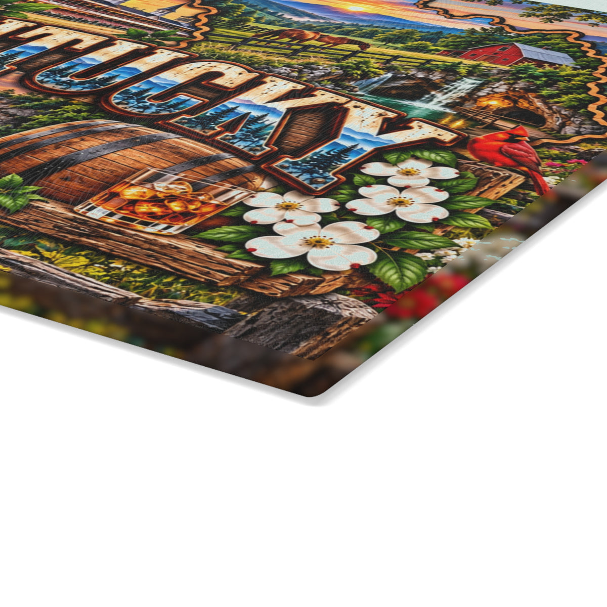 Kentucky Scenic Glass Cutting Board – Horse Racing, Bourbon Barrel, Red Cardinal & Bluegrass Country Décor