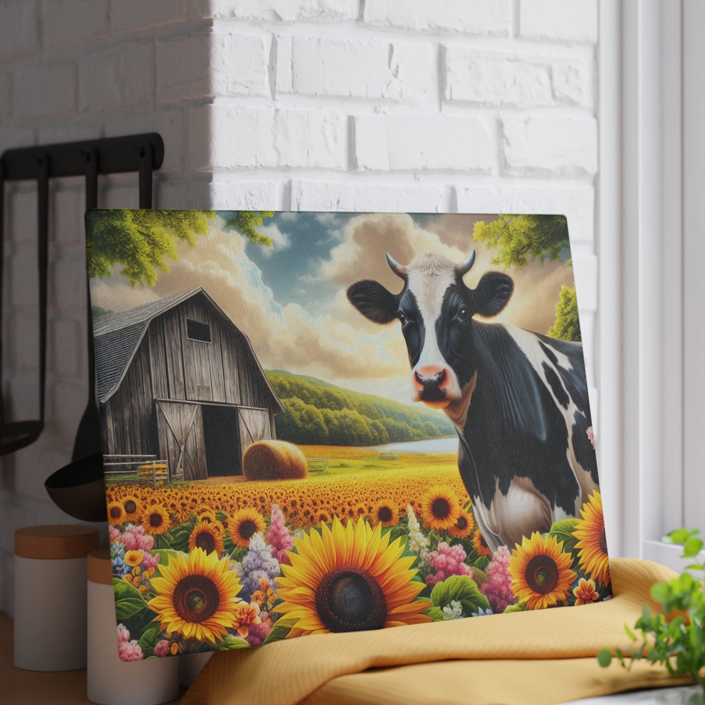 🐄🌻 Black & White Cow in Sunflower Field Glass Cutting Board – Peaceful Barn, Lake & Nature Scene 🌳