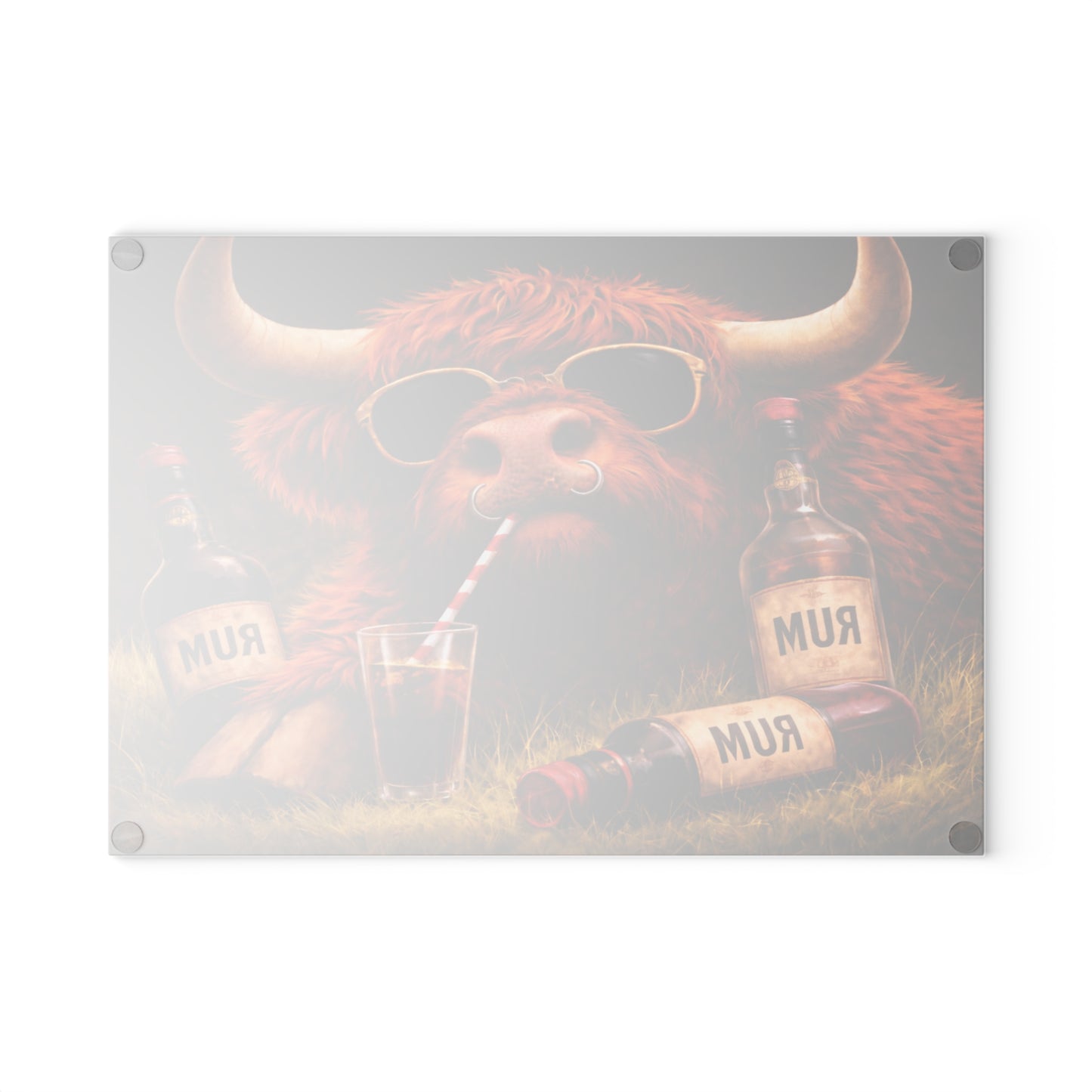 Sunglasses Highland Cow Glass Cutting Board – Bold Farm Bar Art with Playful Attitude