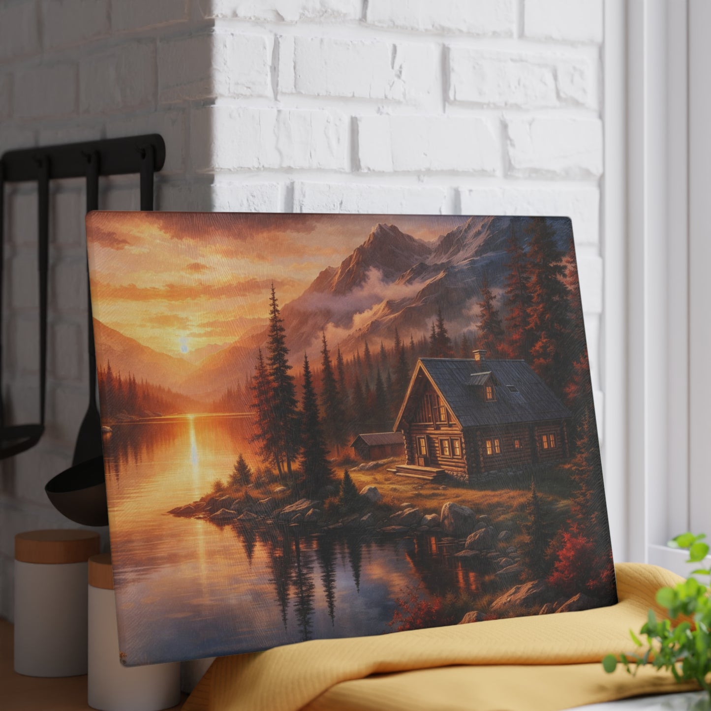 Mountain Cabin Sunset Glass Cutting Board – Rustic Lake Lodge Kitchen Art
