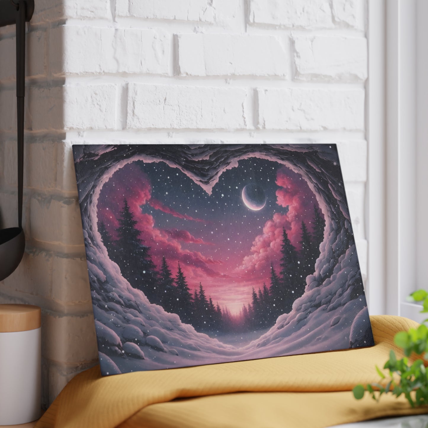 Winter Heartscape Glass Cutting Board – Dreamy Snowy Landscape Kitchen Display