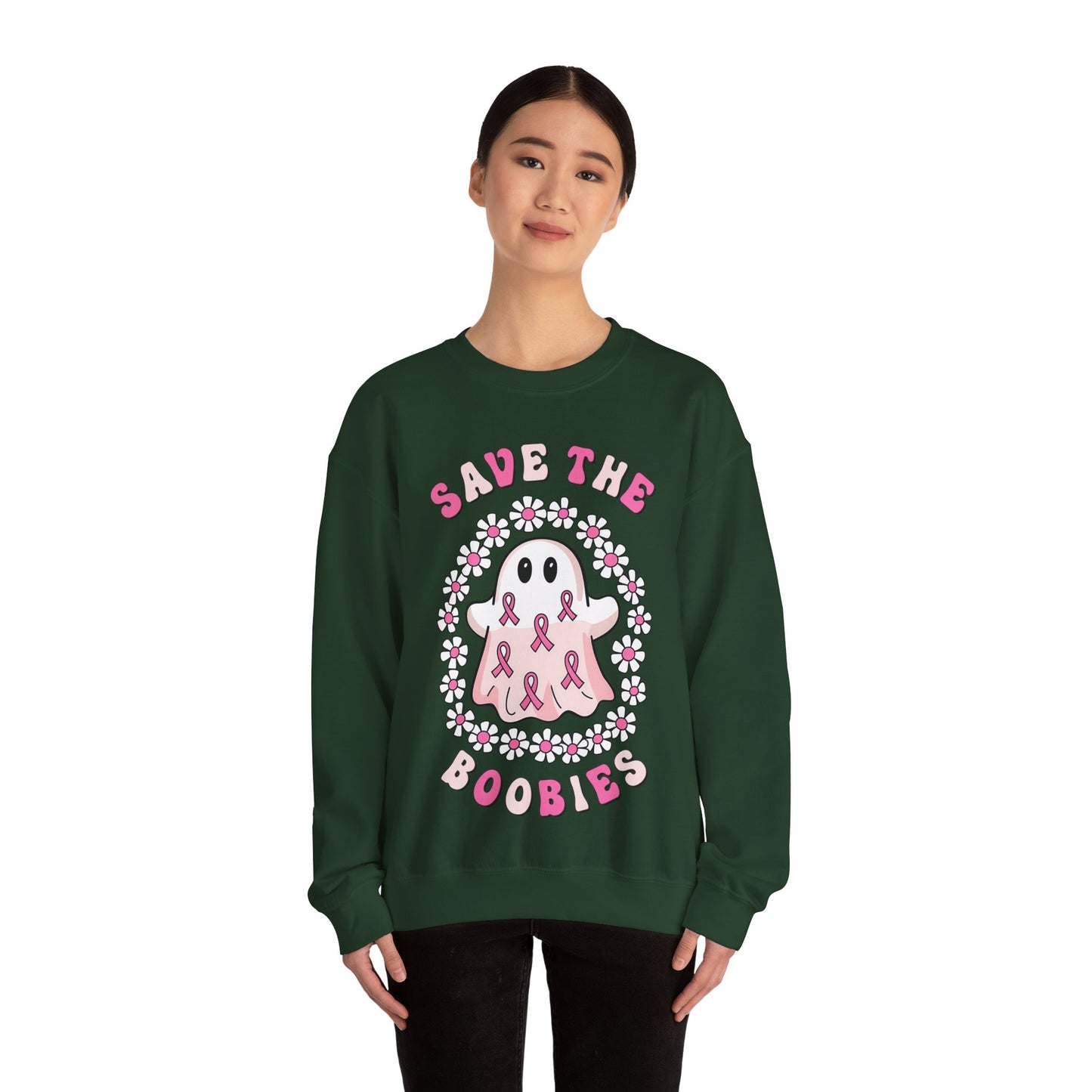 👻🎀 Save the Boobies Ghost Sweatshirt – Cute Breast Cancer Awareness Crewneck