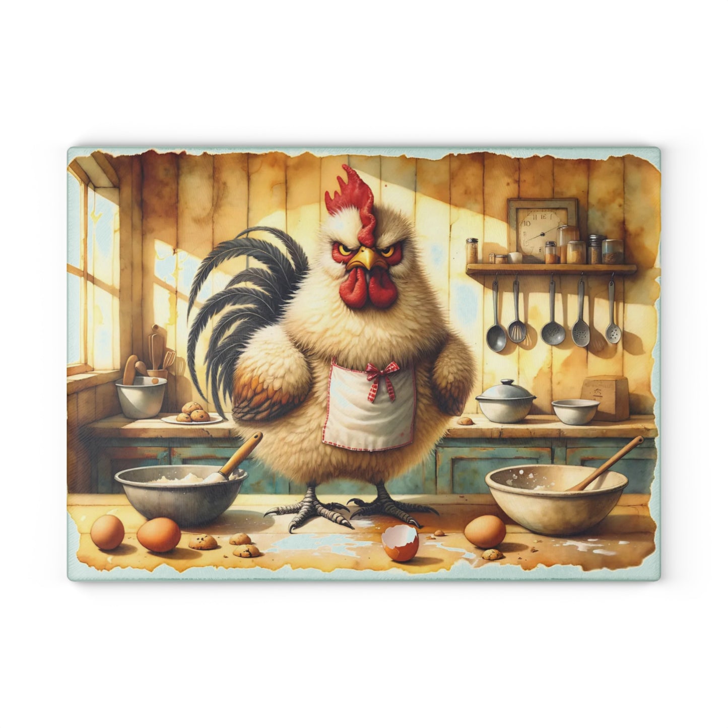 🐓🍪 “Grumpy Baker Rooster” Glass Cutting Board – Cozy Laughs for Your Kitchen