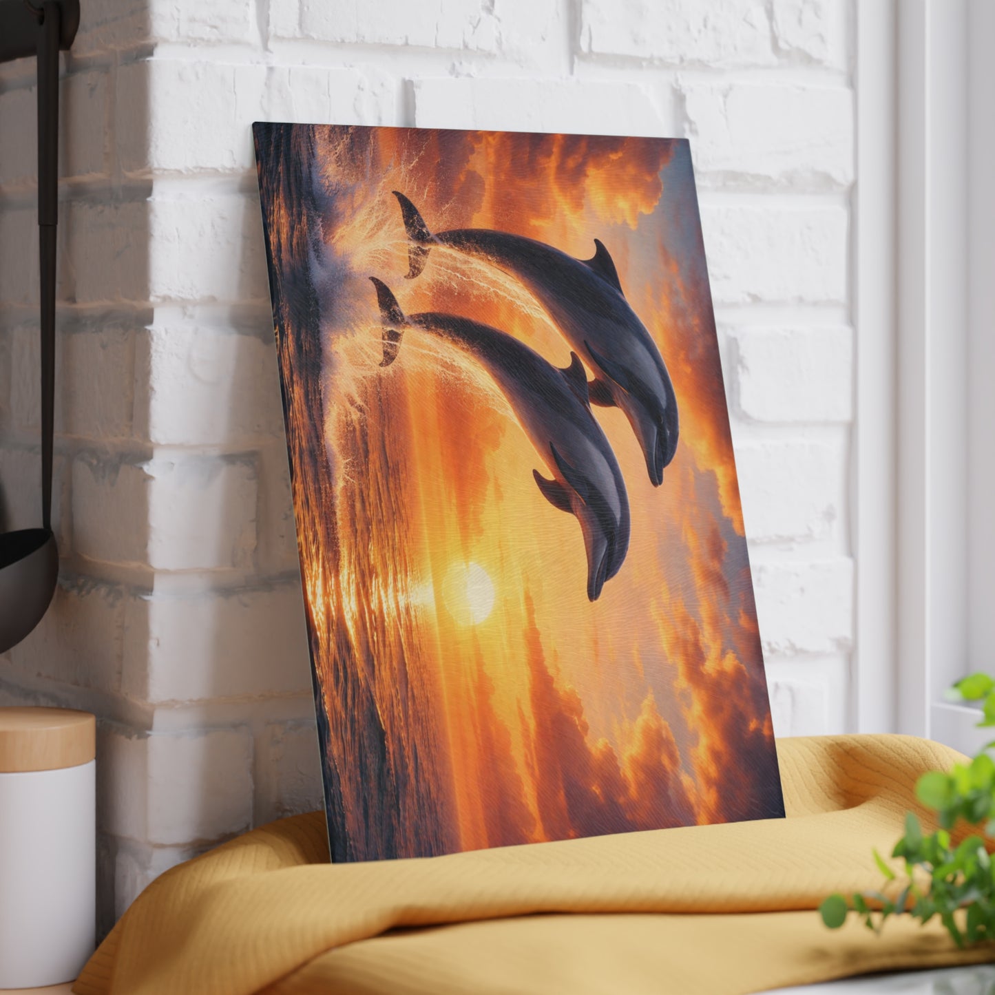 Dolphins at Sunset Glass Cutting Board – Peaceful Ocean Artwork with Golden Horizon