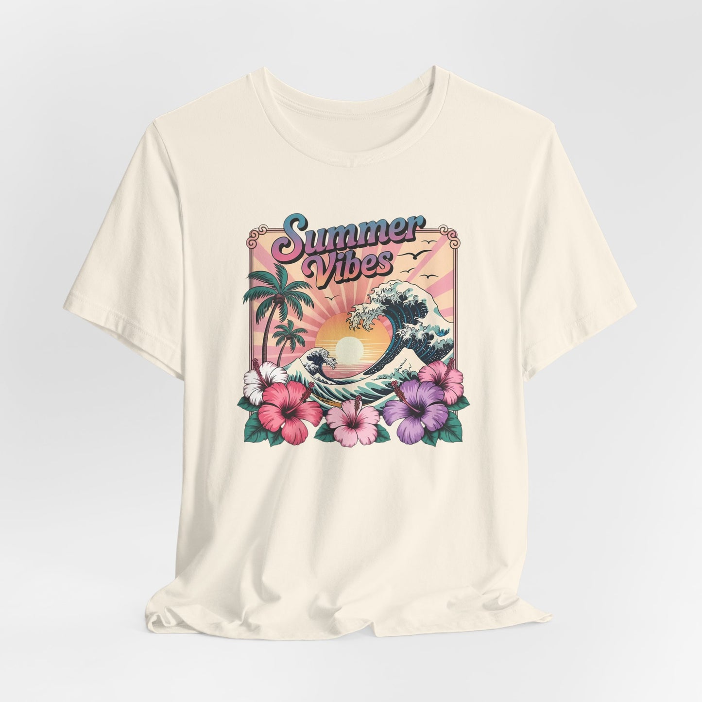 ☀️ Camiseta Summer Vibes – Ola playera vibrante, hibisco y palmeras | Camiseta gráfica para mujer