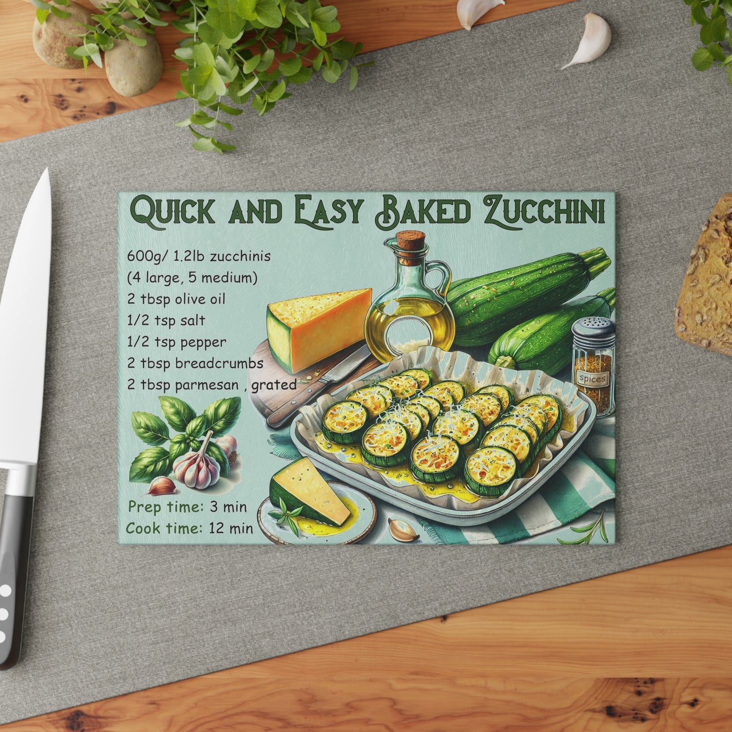 🥒 Quick and Easy Baked Zucchini – Healthy Kitchen Recipe Cutting Board
