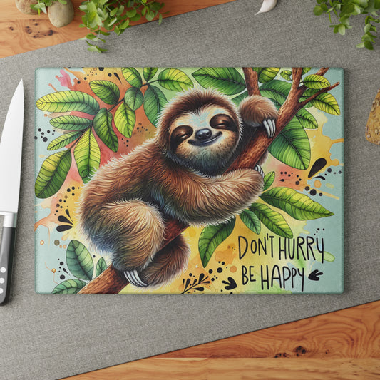 Sloth “Don’t Hurry Be Happy” Cutting Board – Whimsical Jungle Charm for Your Kitchen