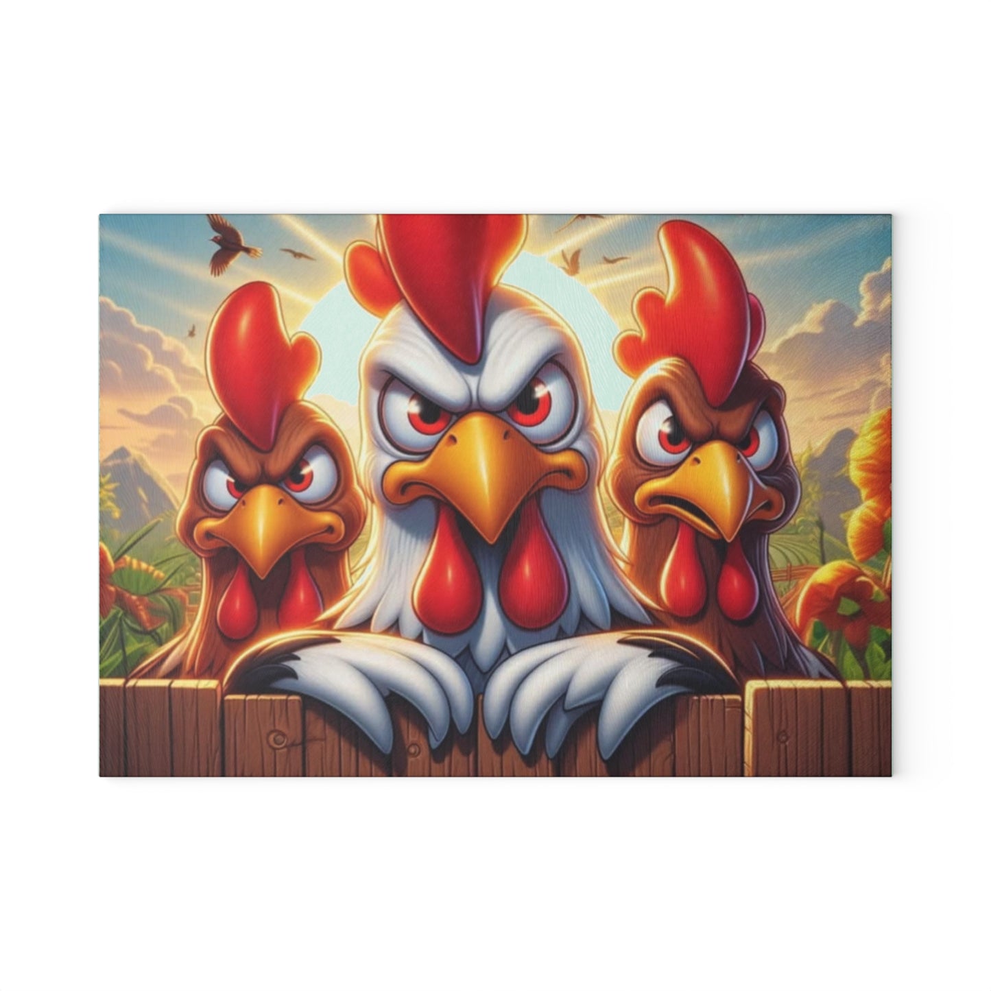 🐔 Three Angry Chickens Glass Cutting Board – Funny Farmhouse Kitchen Decor