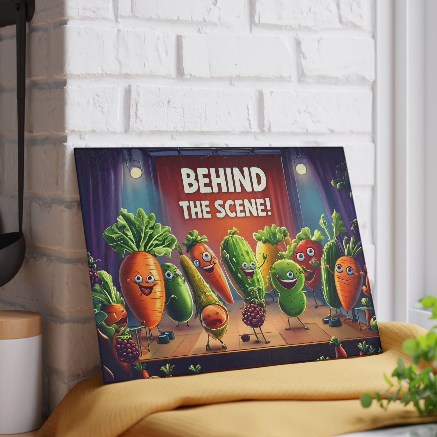 Tabla de cortar de vidrio "¡Detrás de escena!" - Decoración de cocina cómica con verduras danzantes 🌟🍅