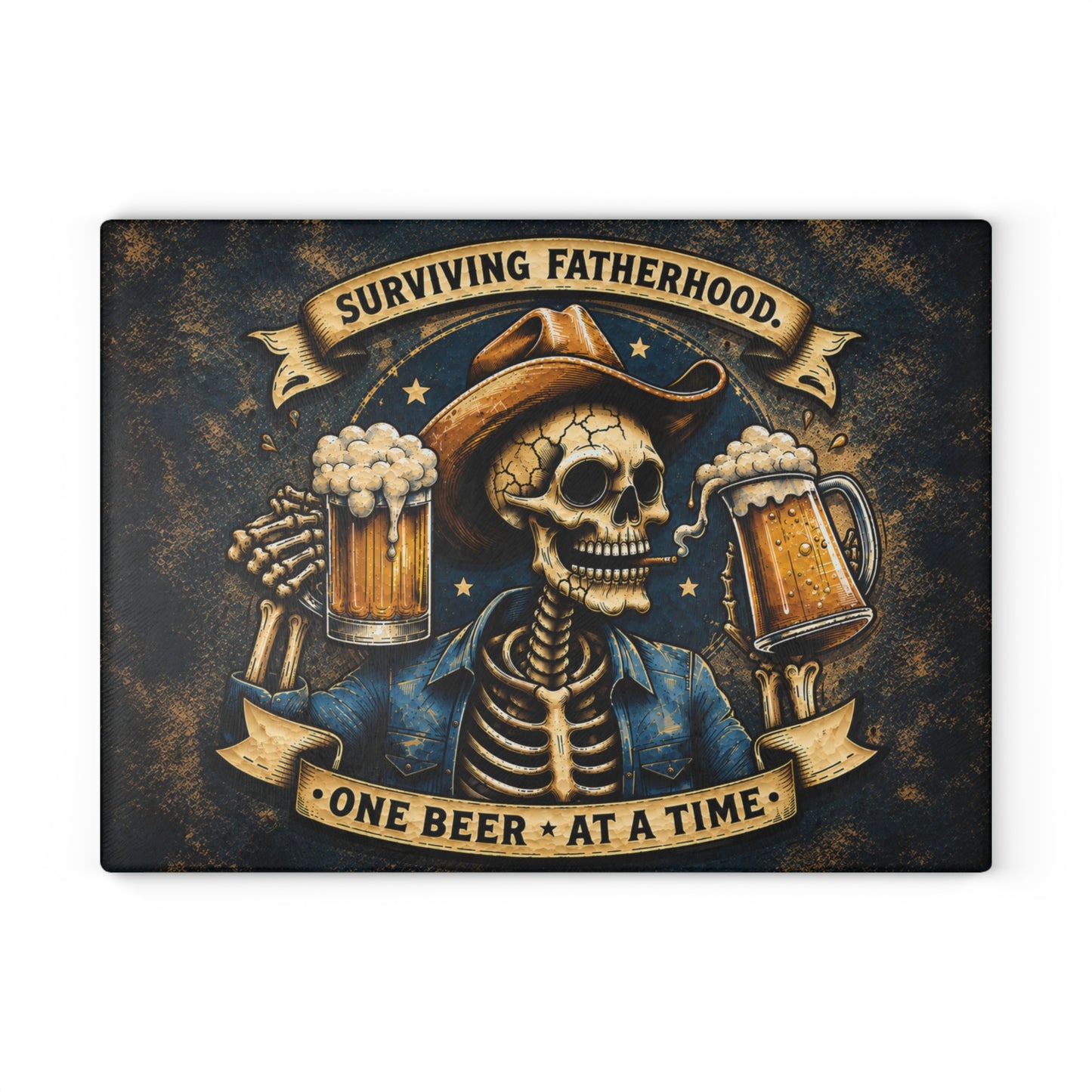 Surviving Fatherhood One Beer at a Time Glass Cutting Board – Funny Dad Skeleton Cowboy Decor