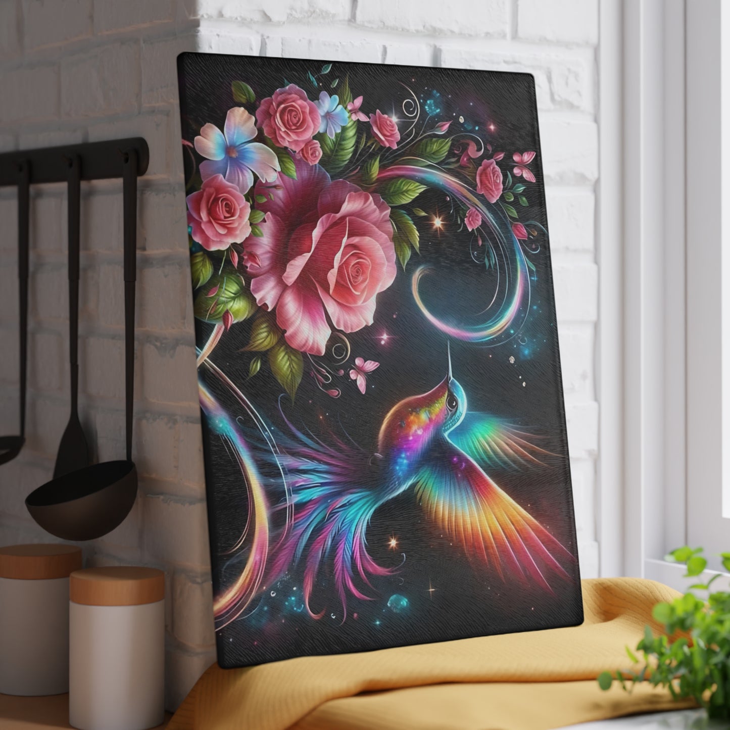Hummingbird & Roses Tempered Glass Cutting Board – Floral Kitchen Decor, Spring Gift, Mother’s Day Present