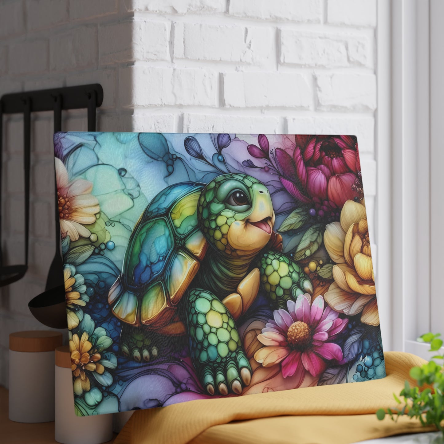 Tortoise in Bloom Glass Cutting Board – Floral Wildlife Kitchen Art