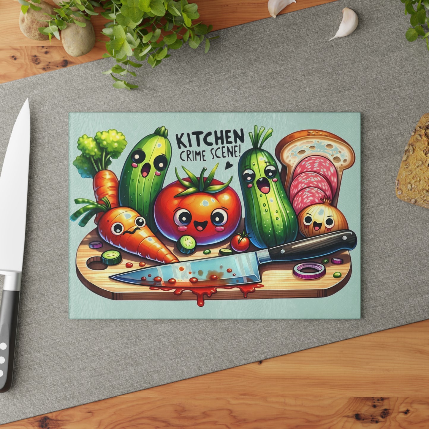 Tabla de cortar de vidrio con temática de escena del crimen en la cocina: verduras, pan y salami que gritan, decoración divertida para la cocina