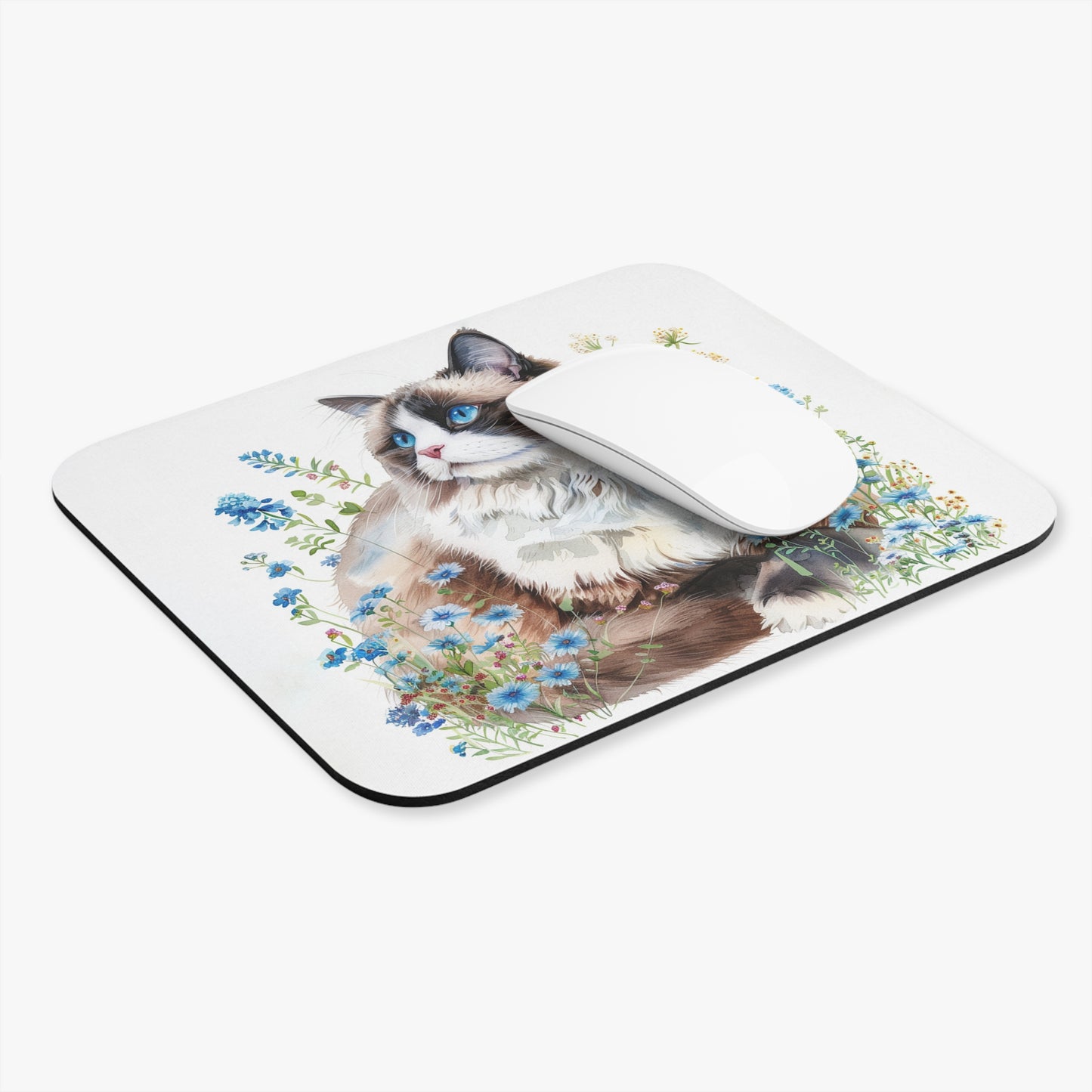 🖱️🐱 Blue-Eyed Cat Mouse Pad – Watercolor Floral Desk Art
