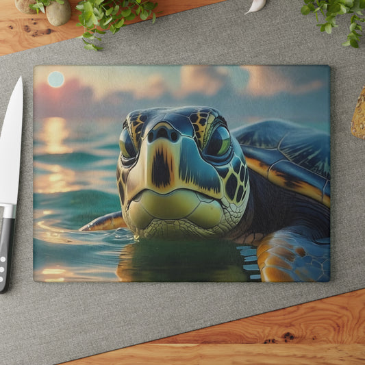 Tabla de cortar de vidrio con diseño de tortuga marina | Decoración de cocina con ambiente costero y oceánico