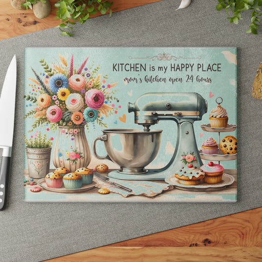 🧁 Kitchen Is My Happy Place Cutting Board – Whimsical Retro Charm for the Sweet-Hearted Baker