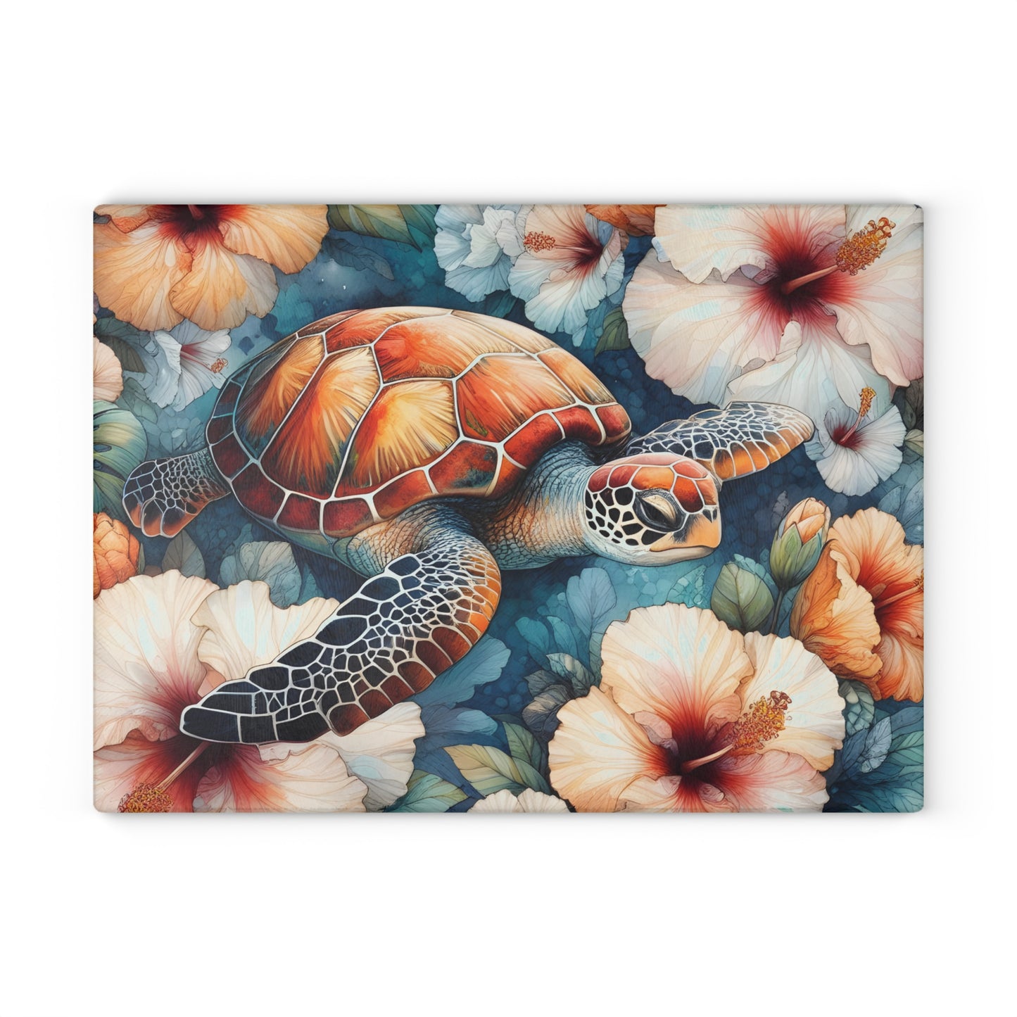 🐢 Tropical Sea Turtle & Hibiscus Cutting Board – Coastal Elegance for Your Kitchen 🌺
