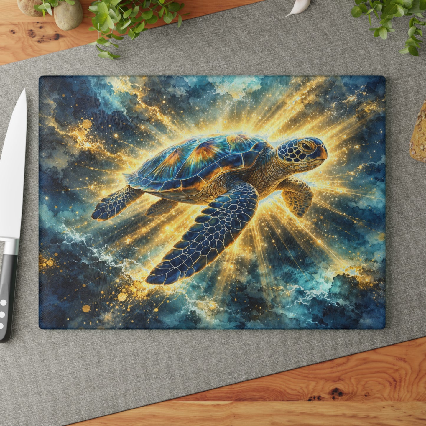 Radiant Sea Turtle Glass Cutting Board – Luminous Ocean Wildlife Art